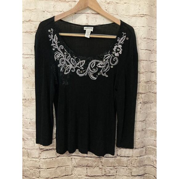 Chico's Tops - Chico's Travelers Top Womens Medium Black Acetate Beaded Embroidered Stretch